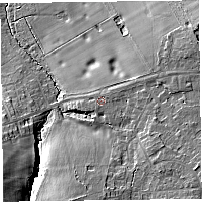 Shaded relief map of the ground around CH613UQ, computed from Environment Agency LiDAR. The ground here sits at about 65 m above sea level and falls 22 m across the surrounding 800 m. Surface water reaching this point runs off ground lying to the east-north-east, 1.2 m higher.