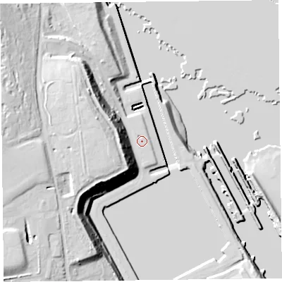 Shaded relief map of the ground around CH620BB, computed from Environment Agency LiDAR. The ground here sits at about 9 m above sea level and falls 46 m across the surrounding 800 m. Surface water reaching this point runs off ground lying to the west, 27.5 m higher.