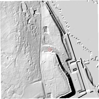 Shaded relief map of the ground around CH620DB, computed from Environment Agency LiDAR. The ground here sits at about 20 m above sea level and falls 48 m across the surrounding 800 m. Surface water reaching this point runs off ground lying to the south, 12.5 m higher.