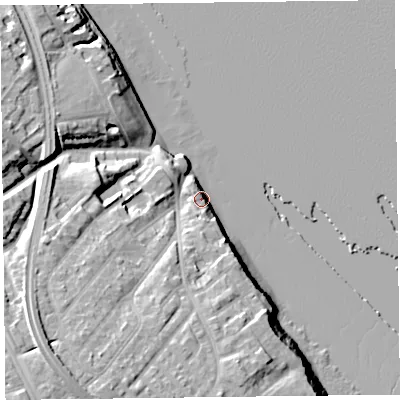 Shaded relief map of the ground around CH621EH, computed from Environment Agency LiDAR. The ground here sits at about 9 m above sea level and falls 23 m across the surrounding 800 m. Surface water reaching this point runs off ground lying to the south-south-west, 7.4 m higher.