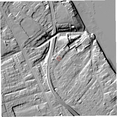Shaded relief map of the ground around CH621EW, computed from Environment Agency LiDAR. The ground here sits at about 16 m above sea level and falls 26 m across the surrounding 800 m. Surface water reaching this point runs off ground lying to the south, 7.2 m higher.