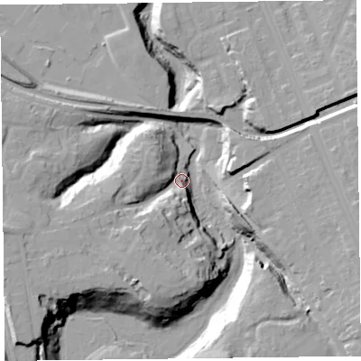 Shaded relief map of the ground around CH622AL, computed from Environment Agency LiDAR. The ground here sits at about 10 m above sea level and falls 24 m across the surrounding 800 m. Surface water reaching this point runs off ground lying to the south-west, 21.6 m higher.