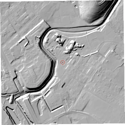 Shaded relief map of the ground around CH624AD, computed from Environment Agency LiDAR. The ground here sits at about 7 m above sea level and falls 32 m across the surrounding 800 m. Surface water reaching this point runs off ground lying to the north-north-east, 6.1 m higher.