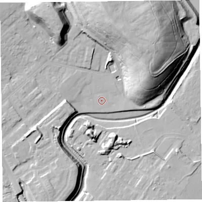 Shaded relief map of the ground around CH624LN, computed from Environment Agency LiDAR. The ground here sits at about 7 m above sea level and falls 34 m across the surrounding 800 m. Surface water reaching this point runs off ground lying to the north-north-west, 0.5 m higher.