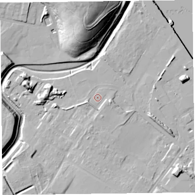 Shaded relief map of the ground around CH624LP, computed from Environment Agency LiDAR. The ground here sits at about 8 m above sea level and falls 34 m across the surrounding 800 m. Surface water reaching this point runs off ground lying to the south, 3.0 m higher.