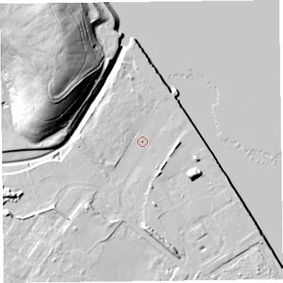 Shaded relief map of the ground around CH624SF, computed from Environment Agency LiDAR. The ground here sits at about 7 m above sea level and falls 35 m across the surrounding 800 m. Surface water reaching this point runs off ground lying to the west, 2.6 m higher.