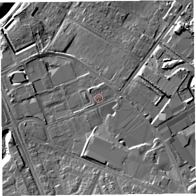 Shaded relief map of the ground around CH624SQ, computed from Environment Agency LiDAR. The ground here sits at about 12 m above sea level and falls 14 m across the surrounding 800 m. Surface water reaching this point runs off ground lying to the north, 0.9 m higher.