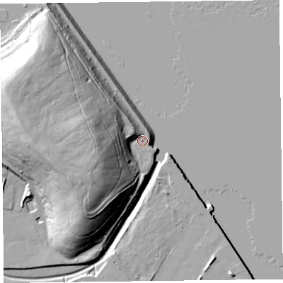 Shaded relief map of the ground around CH624TD, computed from Environment Agency LiDAR. The ground here sits at about 8 m above sea level and falls 35 m across the surrounding 800 m. Surface water reaching this point runs off ground lying to the west-south-west, 28.5 m higher.