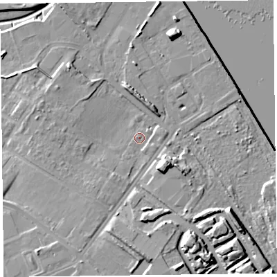 Shaded relief map of the ground around CH624TT, computed from Environment Agency LiDAR. The ground here sits at about 8 m above sea level and falls 16 m across the surrounding 800 m. Surface water reaching this point runs off ground lying to the south-east, 9.6 m higher.