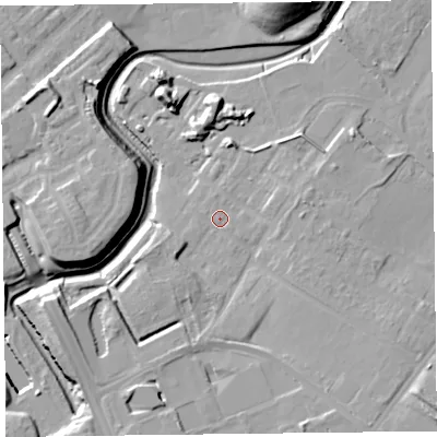 Shaded relief map of the ground around CH624UD, computed from Environment Agency LiDAR. The ground here sits at about 8 m above sea level and falls 20 m across the surrounding 800 m. Surface water reaching this point runs off ground lying to the south-south-east, 5.3 m higher.