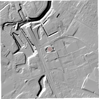 Shaded relief map of the ground around CH624UE, computed from Environment Agency LiDAR. The ground here sits at about 12 m above sea level and falls 17 m across the surrounding 800 m. Surface water reaching this point runs off ground lying to the north-north-west, 3.4 m higher.