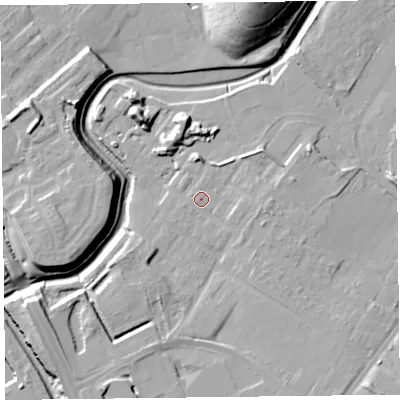 Shaded relief map of the ground around CH624WA, computed from Environment Agency LiDAR. The ground here sits at about 8 m above sea level and falls 29 m across the surrounding 800 m. Surface water reaching this point runs off ground lying to the east-south-east, 2.8 m higher.