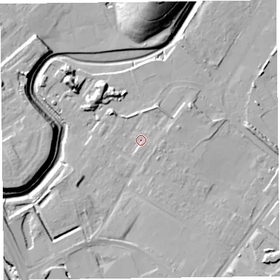 Shaded relief map of the ground around CH624WB, computed from Environment Agency LiDAR. The ground here sits at about 9 m above sea level and falls 27 m across the surrounding 800 m. Surface water reaching this point runs off ground lying to the south-east, 2.3 m higher.