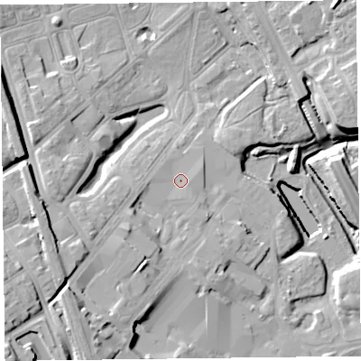 Shaded relief map of the ground around CH624XN, computed from Environment Agency LiDAR. The ground here sits at about 12 m above sea level and falls 26 m across the surrounding 800 m. Surface water reaching this point runs off ground lying to the west, 1.5 m higher.