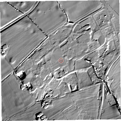 Shaded relief map of the ground around CH634JY, computed from Environment Agency LiDAR. The ground here sits at about 27 m above sea level and falls 25 m across the surrounding 800 m. The ground contributing surface water to this point lies to the south-south-west.