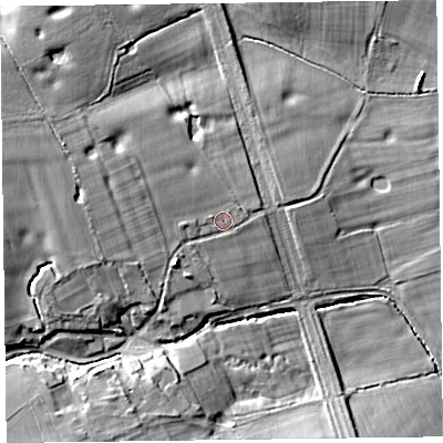 Shaded relief map of the ground around CH636HY, computed from Environment Agency LiDAR. The ground here sits at about 38 m above sea level and falls 16 m across the surrounding 800 m. Surface water reaching this point runs off ground lying to the west-north-west, 4.1 m higher.