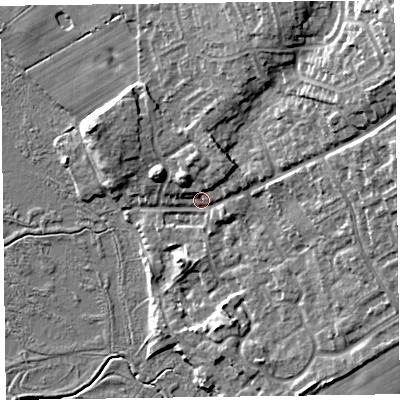 Shaded relief map of the ground around CH640SU, computed from Environment Agency LiDAR. The ground here sits at about 9 m above sea level and falls 20 m across the surrounding 800 m. Surface water reaching this point runs off ground lying to the north-east, 16.2 m higher.