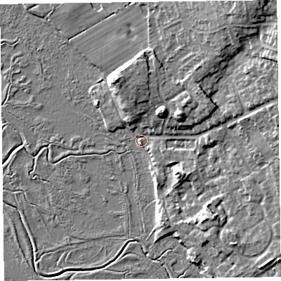 Shaded relief map of the ground around CH640SY, computed from Environment Agency LiDAR. The ground here sits at about 6 m above sea level and falls 16 m across the surrounding 800 m. Surface water reaching this point runs off ground lying to the north-east, 15.3 m higher.