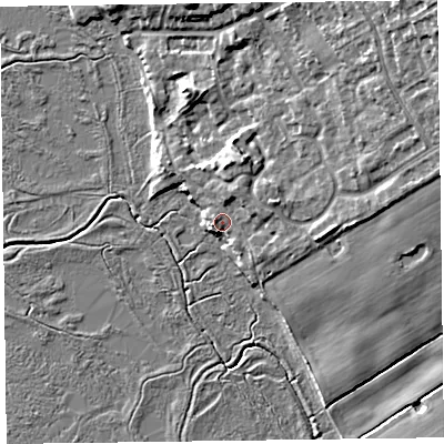 Shaded relief map of the ground around CH640TA, computed from Environment Agency LiDAR. The ground here sits at about 8 m above sea level and falls 16 m across the surrounding 800 m. Surface water reaching this point runs off ground lying to the east-north-east, 1.8 m higher.