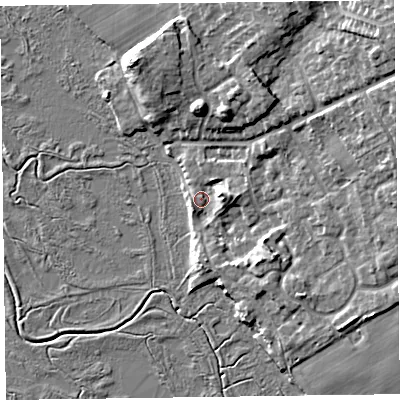 Shaded relief map of the ground around CH640TB, computed from Environment Agency LiDAR. The ground here sits at about 7 m above sea level and falls 17 m across the surrounding 800 m. Surface water reaching this point runs off ground lying to the east-north-east, 4.7 m higher.