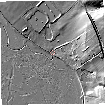 Shaded relief map of the ground around CH640TG, computed from Environment Agency LiDAR. The ground here sits at about 6 m above sea level and falls 28 m across the surrounding 800 m. Surface water reaching this point runs off ground lying to the north-east, 20.3 m higher.
