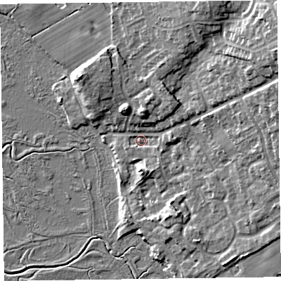 Shaded relief map of the ground around CH640TS, computed from Environment Agency LiDAR. The ground here sits at about 7 m above sea level and falls 19 m across the surrounding 800 m. Surface water reaching this point runs off ground lying to the north-east, 15.1 m higher.