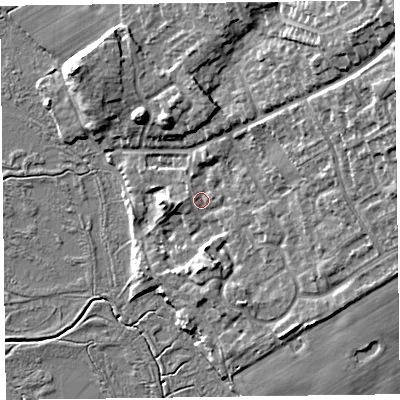 Shaded relief map of the ground around CH640XG, computed from Environment Agency LiDAR. The ground here sits at about 8 m above sea level and falls 21 m across the surrounding 800 m. Surface water reaching this point runs off ground lying to the north-east, 16.2 m higher.