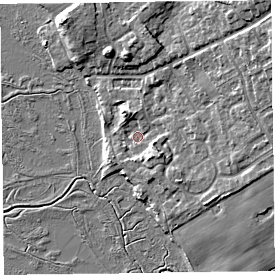 Shaded relief map of the ground around CH640XQ, computed from Environment Agency LiDAR. The ground here sits at about 7 m above sea level and falls 18 m across the surrounding 800 m. Surface water reaching this point runs off ground lying to the north-east, 15.4 m higher.