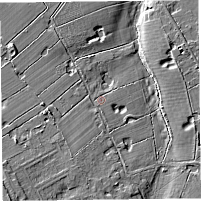 Shaded relief map of the ground around CH641ST, computed from Environment Agency LiDAR. The ground here sits at about 34 m above sea level and falls 16 m across the surrounding 800 m. Surface water reaching this point runs off ground lying to the south-west, 10.0 m higher.