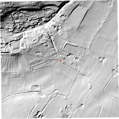 Shaded relief map of the ground around CH645SF, computed from Environment Agency LiDAR. The ground here sits at about 28 m above sea level and falls 55 m across the surrounding 800 m. Surface water reaching this point runs off ground lying to the north-north-east, 18.5 m higher.