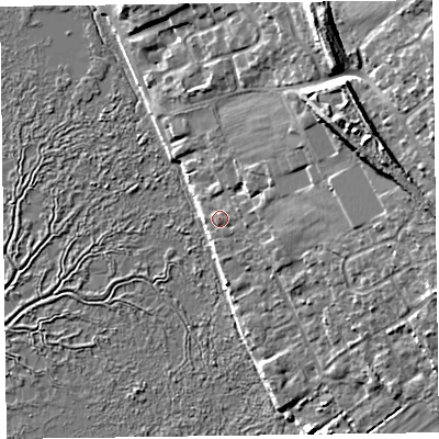 Shaded relief map of the ground around CH646QW, computed from Environment Agency LiDAR. The ground here sits at about 8 m above sea level and falls 17 m across the surrounding 800 m. Surface water reaching this point runs off ground lying to the east-north-east, 1.6 m higher.