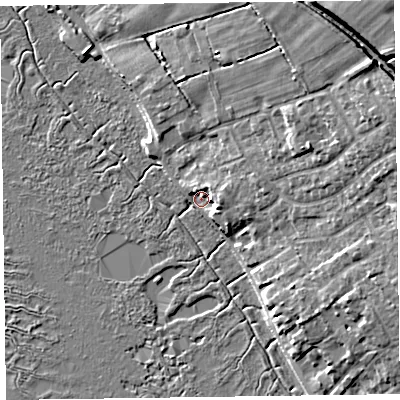 Shaded relief map of the ground around CH646RN, computed from Environment Agency LiDAR. The ground here sits at about 6 m above sea level and falls 19 m across the surrounding 800 m. Surface water reaching this point runs off ground lying to the east-south-east, 5.6 m higher.