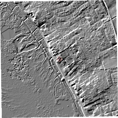 Shaded relief map of the ground around CH646RW, computed from Environment Agency LiDAR. The ground here sits at about 9 m above sea level and falls 16 m across the surrounding 800 m. Surface water reaching this point runs off ground lying to the north-east, 8.4 m higher.