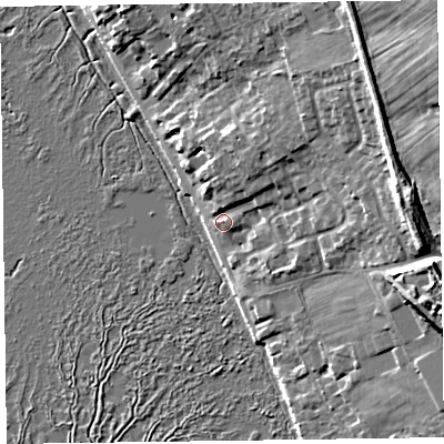 Shaded relief map of the ground around CH646SA, computed from Environment Agency LiDAR. The ground here sits at about 8 m above sea level and falls 17 m across the surrounding 800 m. Surface water reaching this point runs off ground lying to the north-east, 5.2 m higher.