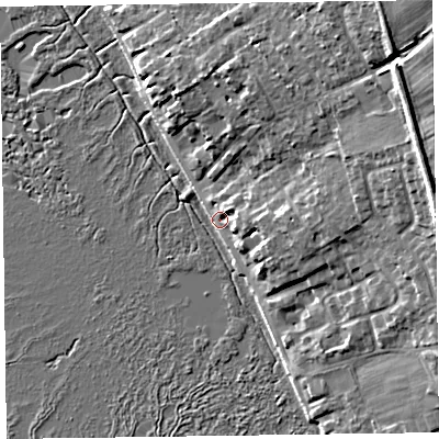 Shaded relief map of the ground around CH646SB, computed from Environment Agency LiDAR. The ground here sits at about 7 m above sea level and falls 16 m across the surrounding 800 m. Surface water reaching this point runs off ground lying to the north-east, 15.2 m higher.