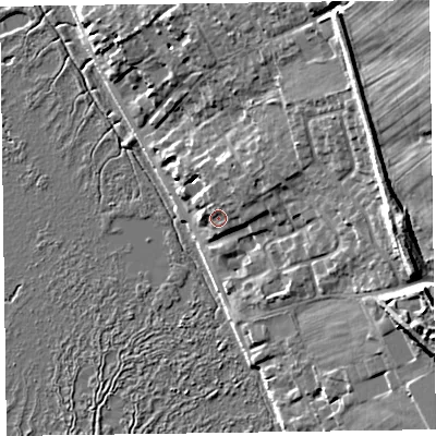 Shaded relief map of the ground around CH646SD, computed from Environment Agency LiDAR. The ground here sits at about 10 m above sea level and falls 17 m across the surrounding 800 m. Surface water reaching this point runs off ground lying to the north-north-west, 1.7 m higher.