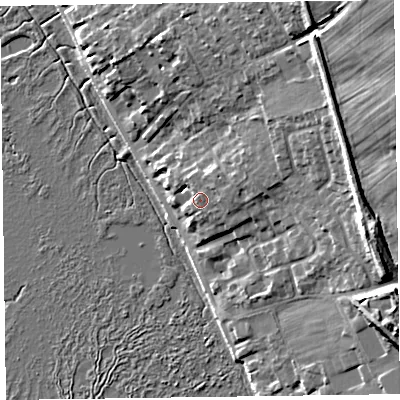 Shaded relief map of the ground around CH646SH, computed from Environment Agency LiDAR. The ground here sits at about 10 m above sea level and falls 18 m across the surrounding 800 m. Surface water reaching this point runs off ground lying to the east-north-east, 1.5 m higher.