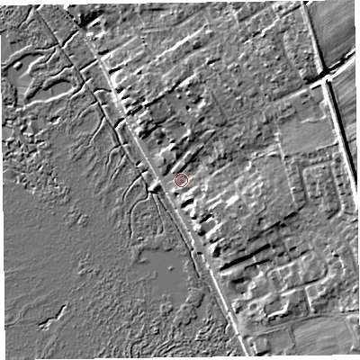 Shaded relief map of the ground around CH646SL, computed from Environment Agency LiDAR. The ground here sits at about 7 m above sea level and falls 17 m across the surrounding 800 m. Surface water reaching this point runs off ground lying to the north-east, 14.3 m higher.