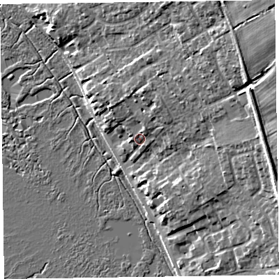 Shaded relief map of the ground around CH646SR, computed from Environment Agency LiDAR. The ground here sits at about 9 m above sea level and falls 18 m across the surrounding 800 m. Surface water reaching this point runs off ground lying to the north-east, 3.7 m higher.
