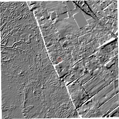 Shaded relief map of the ground around CH646TB, computed from Environment Agency LiDAR. The ground here sits at about 7 m above sea level and falls 18 m across the surrounding 800 m. Surface water reaching this point runs off ground lying to the east-north-east, 14.2 m higher.
