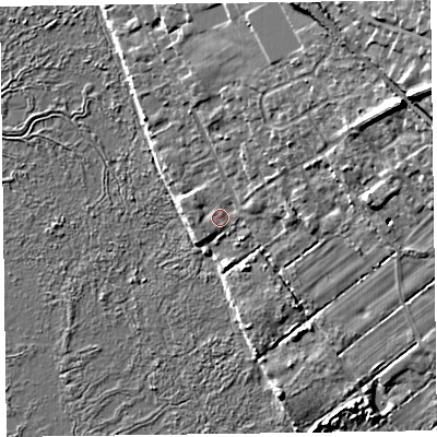 Shaded relief map of the ground around CH646TS, computed from Environment Agency LiDAR. The ground here sits at about 8 m above sea level and falls 18 m across the surrounding 800 m. Surface water reaching this point runs off ground lying to the east-north-east, 1.6 m higher.