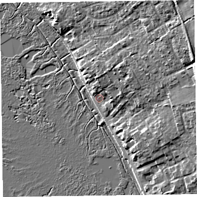 Shaded relief map of the ground around CH646TX, computed from Environment Agency LiDAR. The ground here sits at about 7 m above sea level and falls 16 m across the surrounding 800 m. Surface water reaching this point runs off ground lying to the north-east, 9.0 m higher.