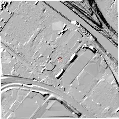 Shaded relief map of the ground around CH651AB, computed from Environment Agency LiDAR. The ground here sits at about 15 m above sea level and falls 30 m across the surrounding 800 m. Surface water reaching this point runs off ground lying to the west-south-west, 2.8 m higher.