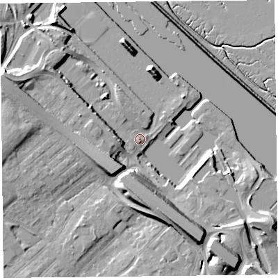Shaded relief map of the ground around CH652AL, computed from Environment Agency LiDAR. The ground here sits at about 8 m above sea level and falls 17 m across the surrounding 800 m. Surface water reaching this point runs off ground lying to the west-north-west, 6.3 m higher.