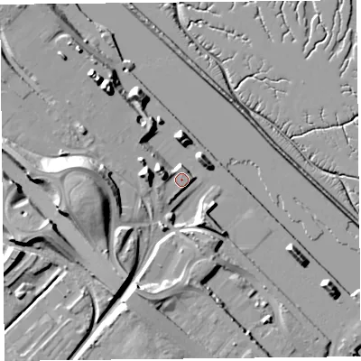 Shaded relief map of the ground around CH652JF, computed from Environment Agency LiDAR. The ground here sits at about 10 m above sea level and falls 20 m across the surrounding 800 m. Surface water reaching this point runs off ground lying to the west-south-west, 3.8 m higher.