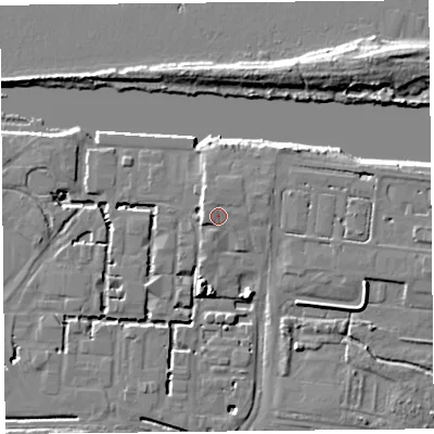 Shaded relief map of the ground around CH654AJ, computed from Environment Agency LiDAR. The ground here sits at about 9 m above sea level and falls 8 m across the surrounding 800 m. Surface water reaching this point runs off ground lying to the north-north-west, 0.7 m higher.