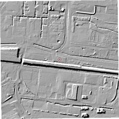 Shaded relief map of the ground around CH654BF, computed from Environment Agency LiDAR. The ground here sits at about 6 m above sea level and falls 9 m across the surrounding 800 m. Surface water reaching this point runs off ground lying to the south-west, 6.6 m higher.
