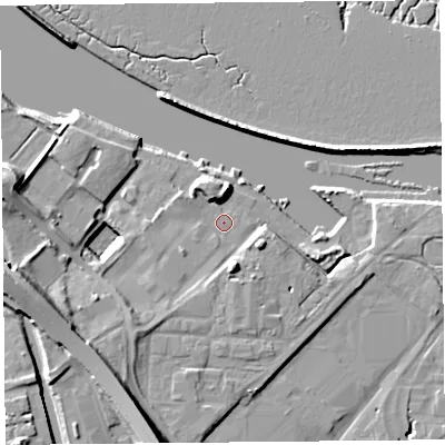 Shaded relief map of the ground around CH654EF, computed from Environment Agency LiDAR. The ground here sits at about 7 m above sea level and falls 14 m across the surrounding 800 m. Surface water reaching this point runs off ground lying to the south-west, 4.6 m higher.