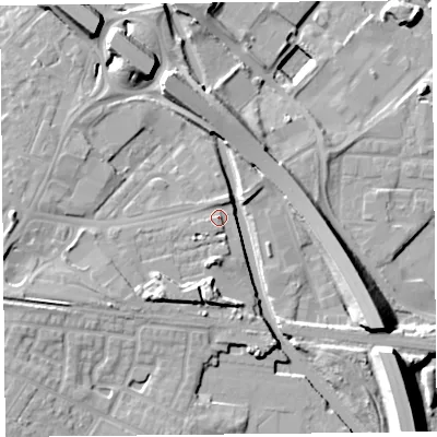 Shaded relief map of the ground around CH654EJ, computed from Environment Agency LiDAR. The ground here sits at about 14 m above sea level and falls 18 m across the surrounding 800 m. Surface water reaching this point runs off ground lying to the north-north-east, 1.5 m higher.