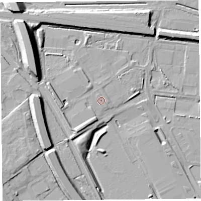 Shaded relief map of the ground around CH654EL, computed from Environment Agency LiDAR. The ground here sits at about 9 m above sea level and falls 18 m across the surrounding 800 m. Surface water reaching this point runs off ground lying to the south-west, 5.2 m higher.